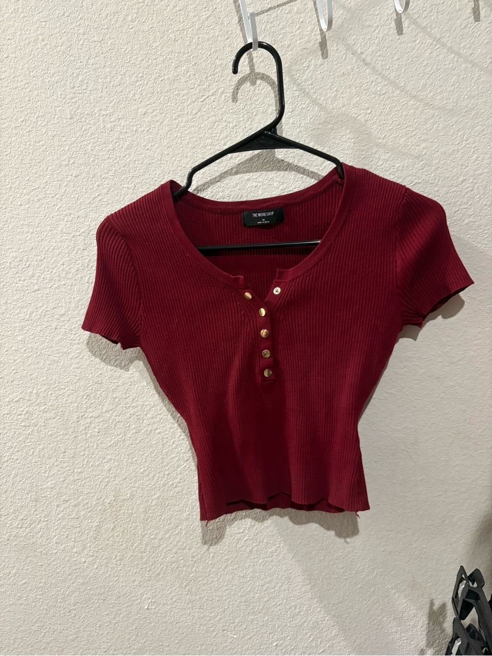 Burgundy Ribbed Henley Crop Top with Gold Buttons